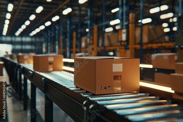 Fototapeta Automated Logistics: Conveyor Belt in Distribution Warehouse with E-Commerce Packages, Efficient Concept Banner & Copy