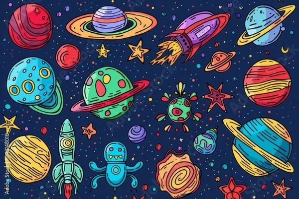 Fototapeta Cartoon cute doodles of a space adventure with colorful planets and friendly alien creatures, Generative AI