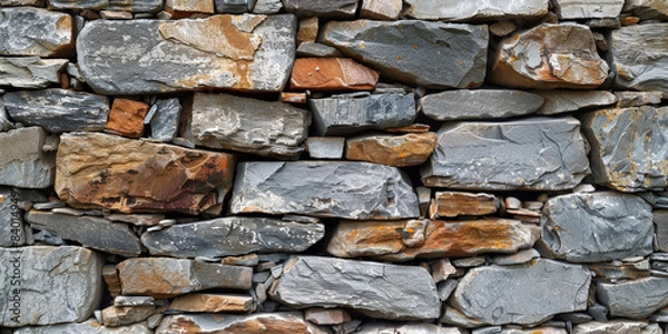 Fototapeta Textured stone wall with rough, weathered rocks, showcasing a rugged and natural appearance, perfect for backgrounds, architectural designs, and outdoor scenes..