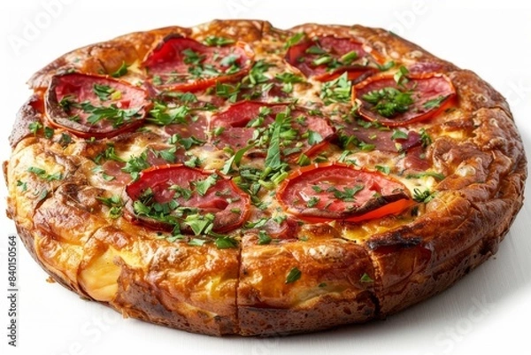 Obraz Classic vegetable and pepperoni pizza with a golden crust, served on a wooden board, set in a rustic kitchen scene with natural light