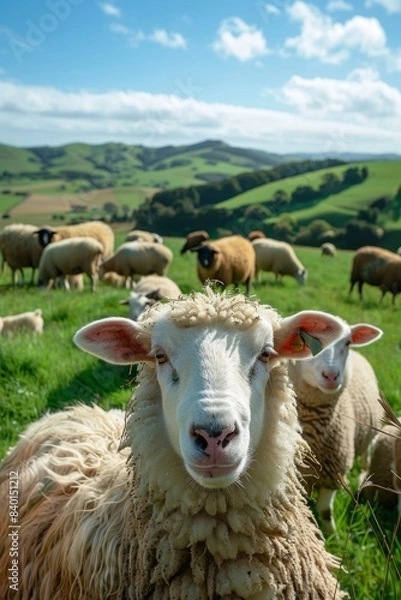 Fototapeta A group of adorable farm animals gather in a lush green pasture, with rolling hills in the background and a bright blue sky overhead