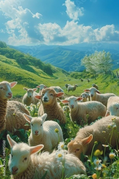 Fototapeta A group of adorable farm animals gather in a lush green pasture, with rolling hills in the background and a bright blue sky overhead.