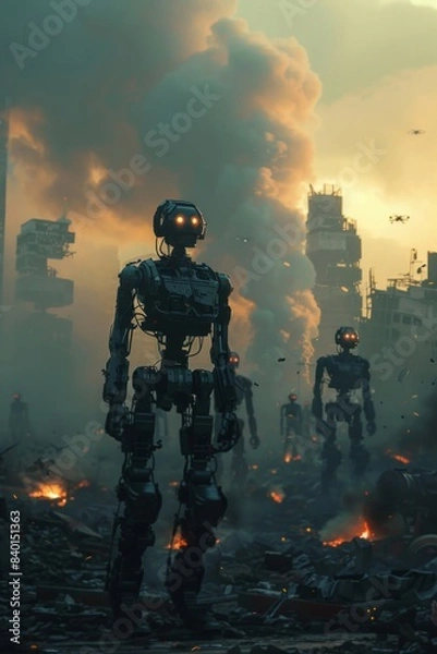 Fototapeta A group of humanoid robots stands defiantly amidst the ruins of a futuristic city, their glowing eyes fixed on the distant skyline.