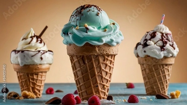 Obraz Different types of ice cream in a cone with various toppings