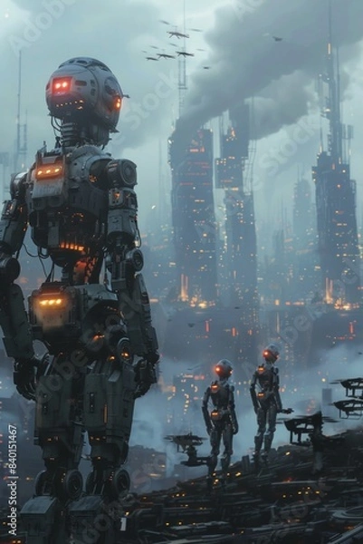 Fototapeta A group of humanoid robots stands defiantly amidst the ruins of a futuristic city, their glowing eyes fixed on the distant skyline. 