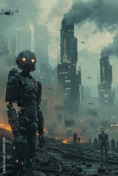 Fototapeta A group of humanoid robots stands defiantly amidst the ruins of a futuristic city, their glowing eyes fixed on the distant skyline. 