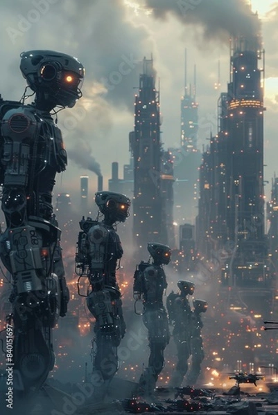 Fototapeta A group of humanoid robots stands defiantly amidst the ruins of a futuristic city, their glowing eyes fixed on the distant skyline. 