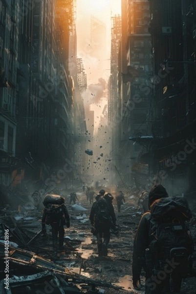 Fototapeta A group of scavengers picks their way through the ruins of a derelict city, searching for supplies amidst the wreckage. 