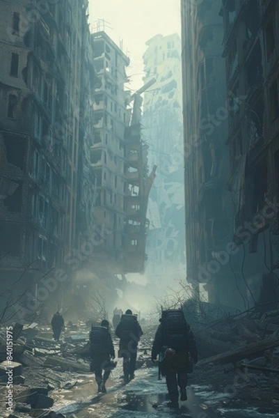 Fototapeta A group of scavengers picks their way through the ruins of a derelict city, searching for supplies amidst the wreckage.