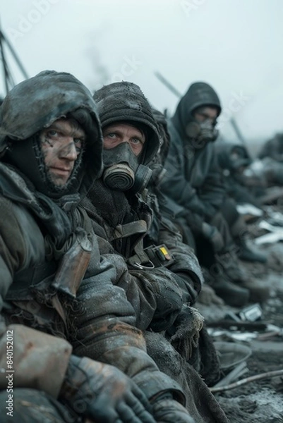 Fototapeta A group of survivors huddle within the safety of a makeshift settlement, their faces grimy and their clothes tattered 