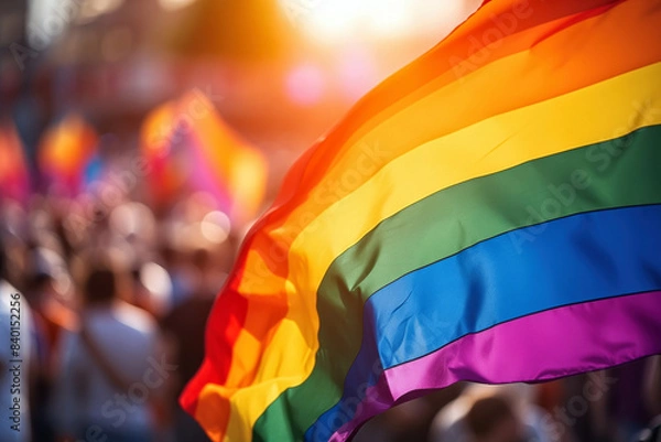 Fototapeta Vibrant Rainbow Flag at Lively Pride Parade in Daylight. Blurred background with copy space.