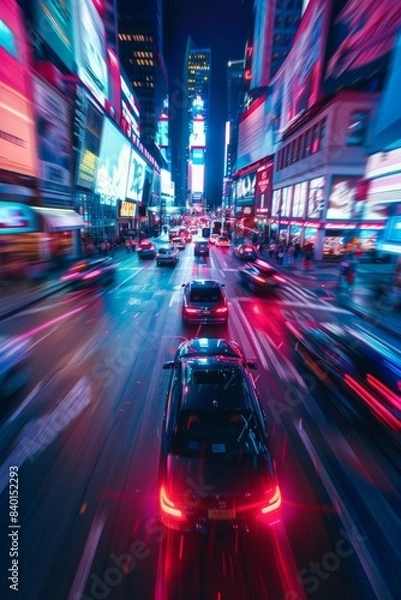Fototapeta Cars are driving through the nighttime metropolis in neon lights and colorful reflections, with skyscrapers covered in advertising billboards.