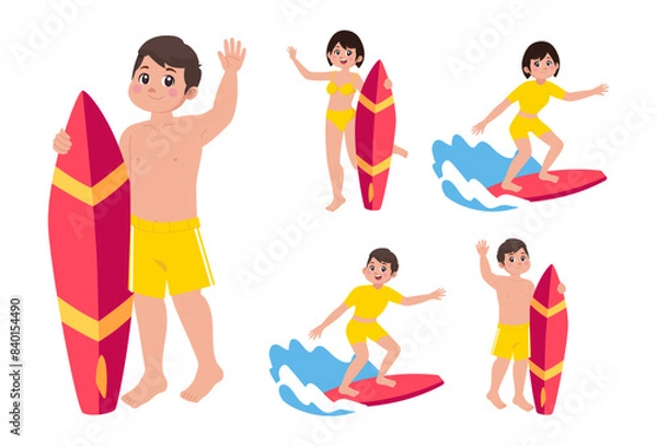 Fototapeta Human characters of surfers with their boards