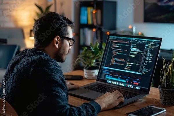 Fototapeta Man working laptop desk