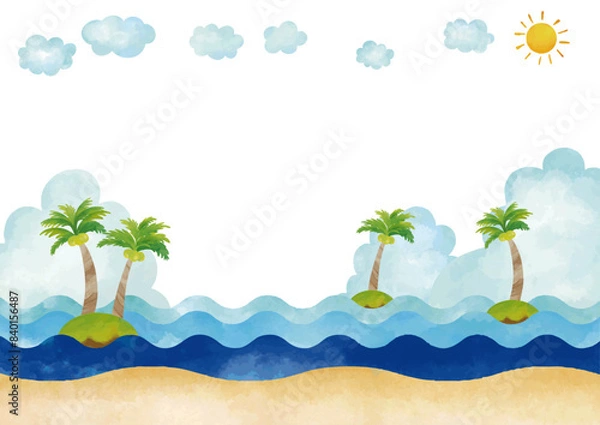 Obraz 水彩風　南国風景 ヤシの木と海と空　フレーム4