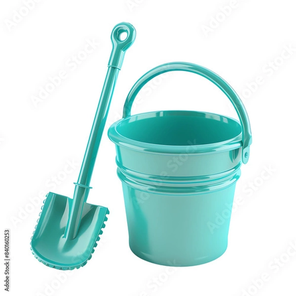 Obraz Teal plastic bucket and shovel set isolated on a white background. Perfect for beach or sand play. Clean and new.