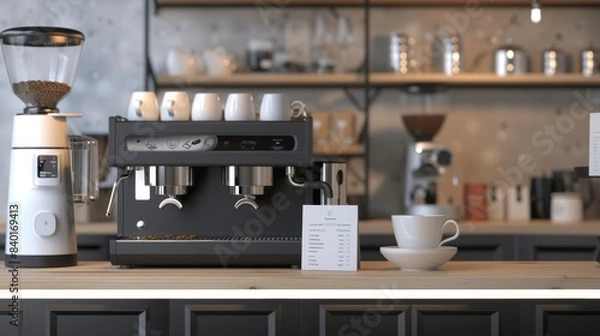 Fototapeta Mastering the Art of Espresso Professional Barista Workspace with HighEnd Equipment Blank Business Cards and Coffee Art Tools for Creative Practice and Networking