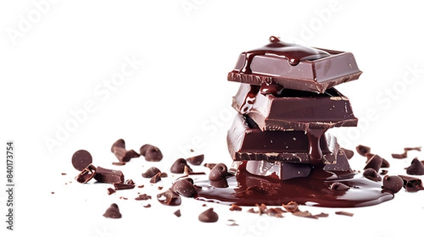 Obraz Broken chocolate blocks stack pile with sauce or sherbet isolated on transparent background