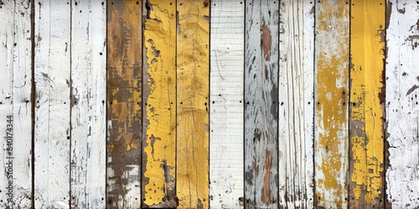 Fototapeta white and yellow planks wall. Weathered wooden planks with peeling paint, showcasing a rustic and vintage aesthetic, perfect for backgrounds, decor, and artistic projects..