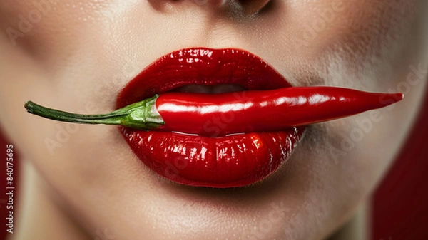 Fototapeta Close-up of red woman lips with a hot chili pepper held between them. Ai generated