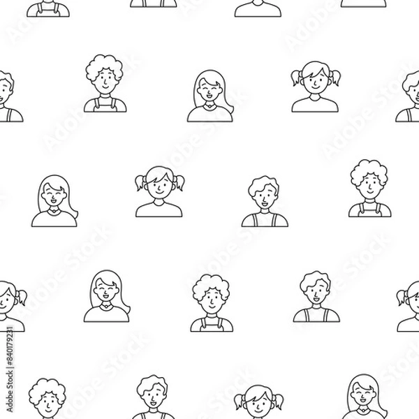 Fototapeta Kids different user profile. Seamless pattern. Coloring Page. Pretty girl and boy. Young people. Vector drawing. Design ornaments.
