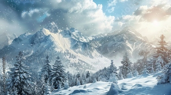 Fototapeta Majestic snowy mountain landscape. The mountain peak is capped with snow and there are snow-covered evergreen trees on the slopes. The sky is a clear blue with a few white clouds.
