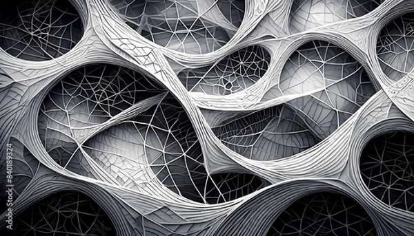 Obraz An intricate web of lines and shapes in shades of gray and black, creating a complex and textured abstract image. Art. Illustration. Design. 3