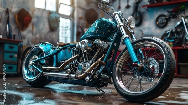 Fototapeta Rev Up Your Business Custom Motorcycle Paint Shop Transforms Bikes with Vibrant Airbrushed Colors and Blank Business Cards