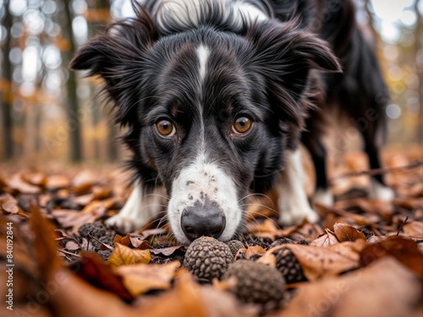 Fototapeta Border Collie Dog in the woods / forest looking for truffles mushrooms	