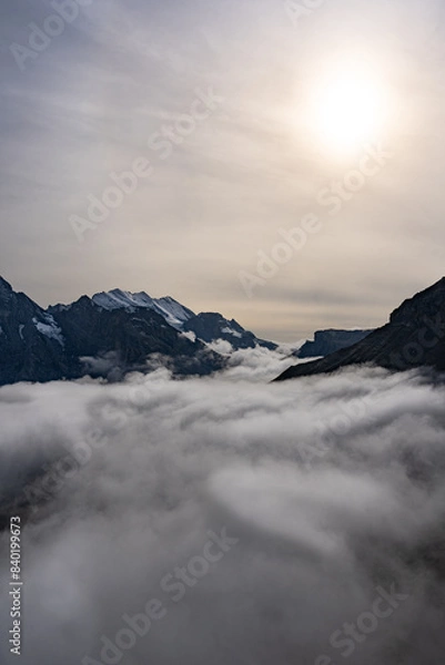 Fototapeta View of Swiss Alps over clouds on a bright sunny day
