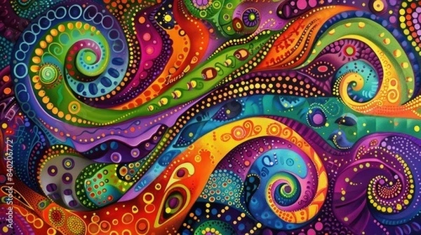Fototapeta Horisontal abstract illustration of psychedelic colorful swirls and dots, vibrant colors. High quality photo