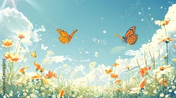 Fototapeta Retro colorful butterflies flying pattern illustration poster background