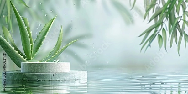 Obraz Aloevera background for natural cosmetics. Aloe vera plant and podium in water for design
