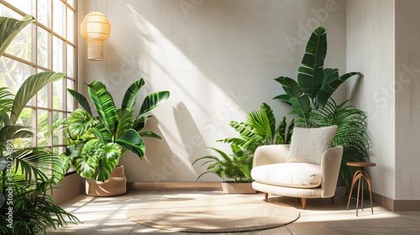 Fototapeta Modern Minimalist Living Room Interior With Biophilic Design Elements, Large Window, Lush Green Plants, And Comfortable Armchair With Sunbeams And Plant Shadows On Wall In Natural Sunlight