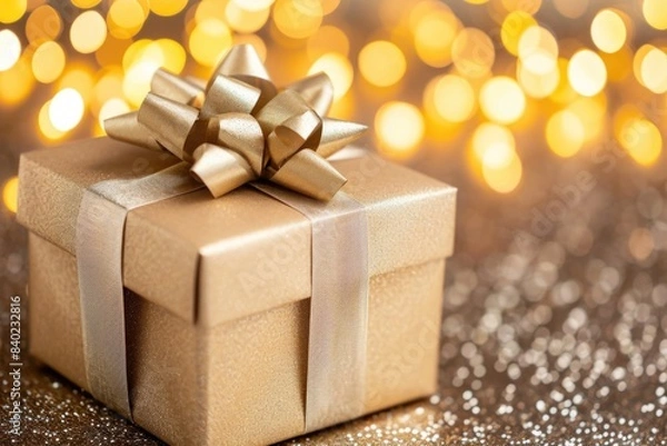Fototapeta A beautiful gold gift box with a decorative ribbon tied around the top