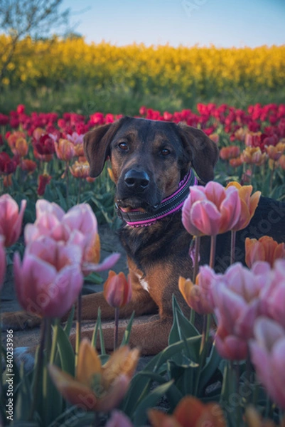Fototapeta Pies w tulipanach