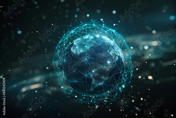 Fototapeta An abstract holographic planet Earth with numerous connection points symbolizing the vastness of social networks and global connectivity.
