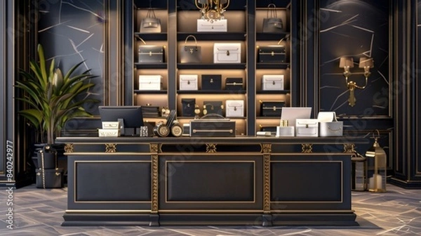 Fototapeta Chic Boutique Elegant Cashier Desk with Luxury Bags Stylish Decor and Customizable Business Cards HighEnd Retail Interior Design