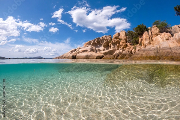 Fototapeta Cala delle Vacche beach, with crystal clear water and rocks in the shape of animals, underwater, San Teodoro, Sardinia