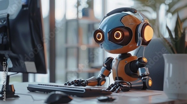 Fototapeta A cute robot with headphones, seated at an office desk, intently typing on the keyboard while focused on the computer screen.