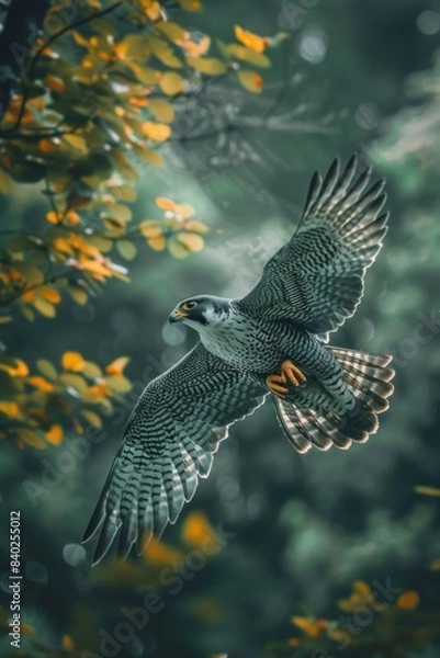 Fototapeta A bird flying through the air with its wings spread