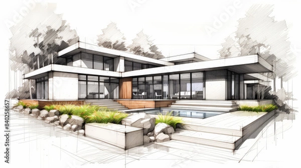 Fototapeta 3D sketch design of a luxury modern house with a cubic structure, floor-to-ceiling windows, large patio, and lush garden area, isolated on a white background. Centered with sketch-like shadows, 