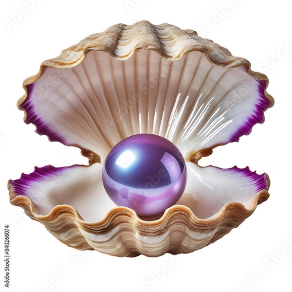 Obraz Beautiful round purple pearl inside the open clam shell isolated on transparent background 