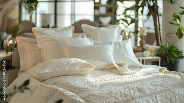 Obraz Exquisite Luxury Bedding Showroom Elegance with Fine Linens Pillows and Elegant Beds Blank Business Cards for Personalization