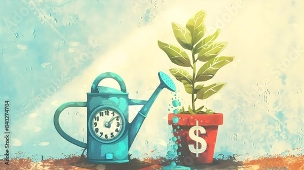 Obraz お金のなる木に水をあげる時間のジョウロ