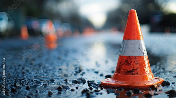 Fototapeta Traffic cone on a wet road. Selective focus with shallow depth of field.