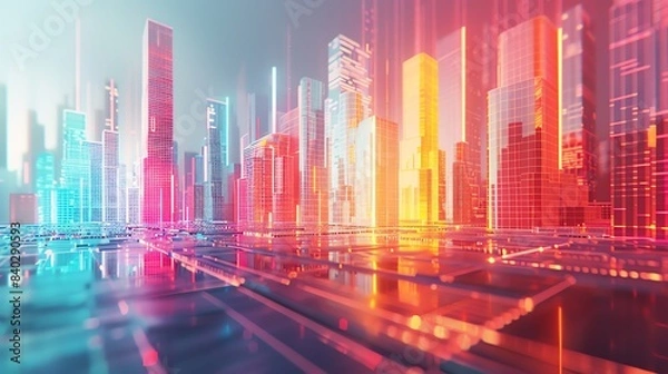 Fototapeta anaglyphic holographic of A 3D statistical graph, rendered in the style of a futuristic cityscape, with skyscrapers representing different market sectors, glowing with neon lights, Leading lines,