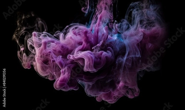 Obraz Generative AI illustration of abstract purple and violet fluffy pastel ink smoke cloud against black background