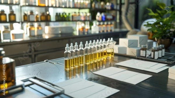 Fototapeta Sensory Symphony Perfumer's Lab with Business Cards Fragrance Oils and Pipettes