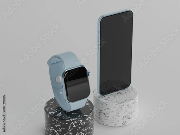 Obraz Smart phone with smart watch 3d illustration 